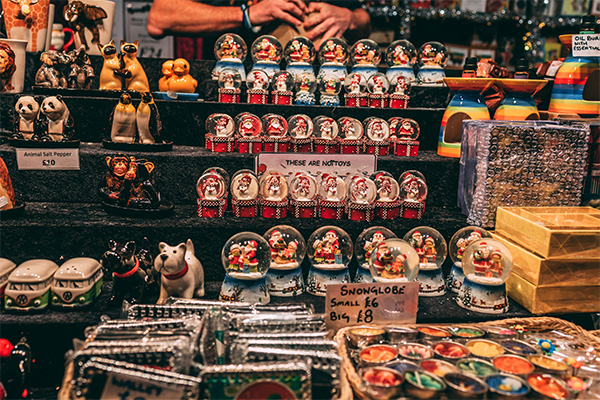 Christmas market display with snow globes