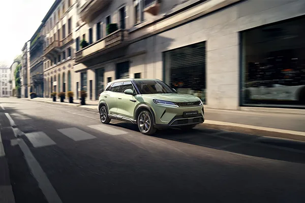 BYD ATTO 2 in green navigating streets